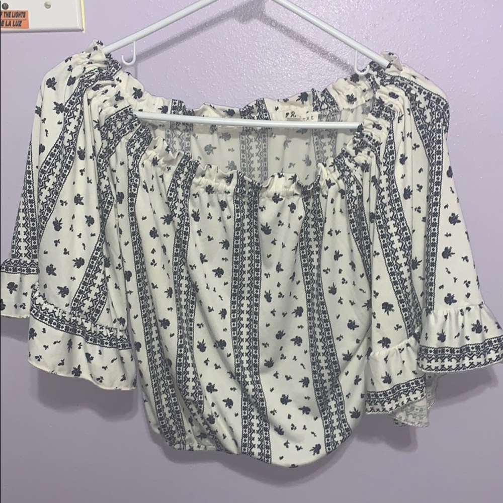 White and blue off the shoulder top